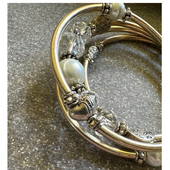 Silver Tone Hearts, Spacers, Pearls, Faceted Clear Beads Wrap Bracelet - Picture 4 of 5